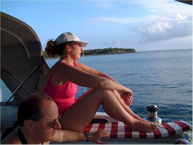 Pat and Paul enjoying the Caribbean warmth on route to Vieques - another Spanish Virgin Island.
