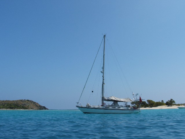 Poco Andante at anchor off Sandy Spit in the BVI's.
