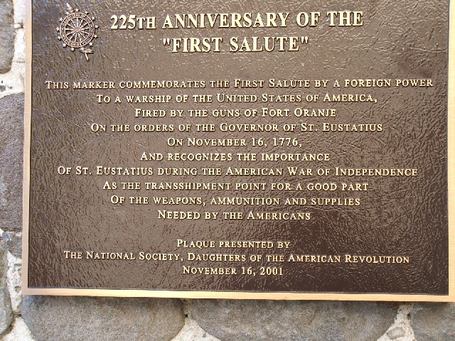 Plaque commemorating the 225th anniversary of the First Salute by the United States of America.
