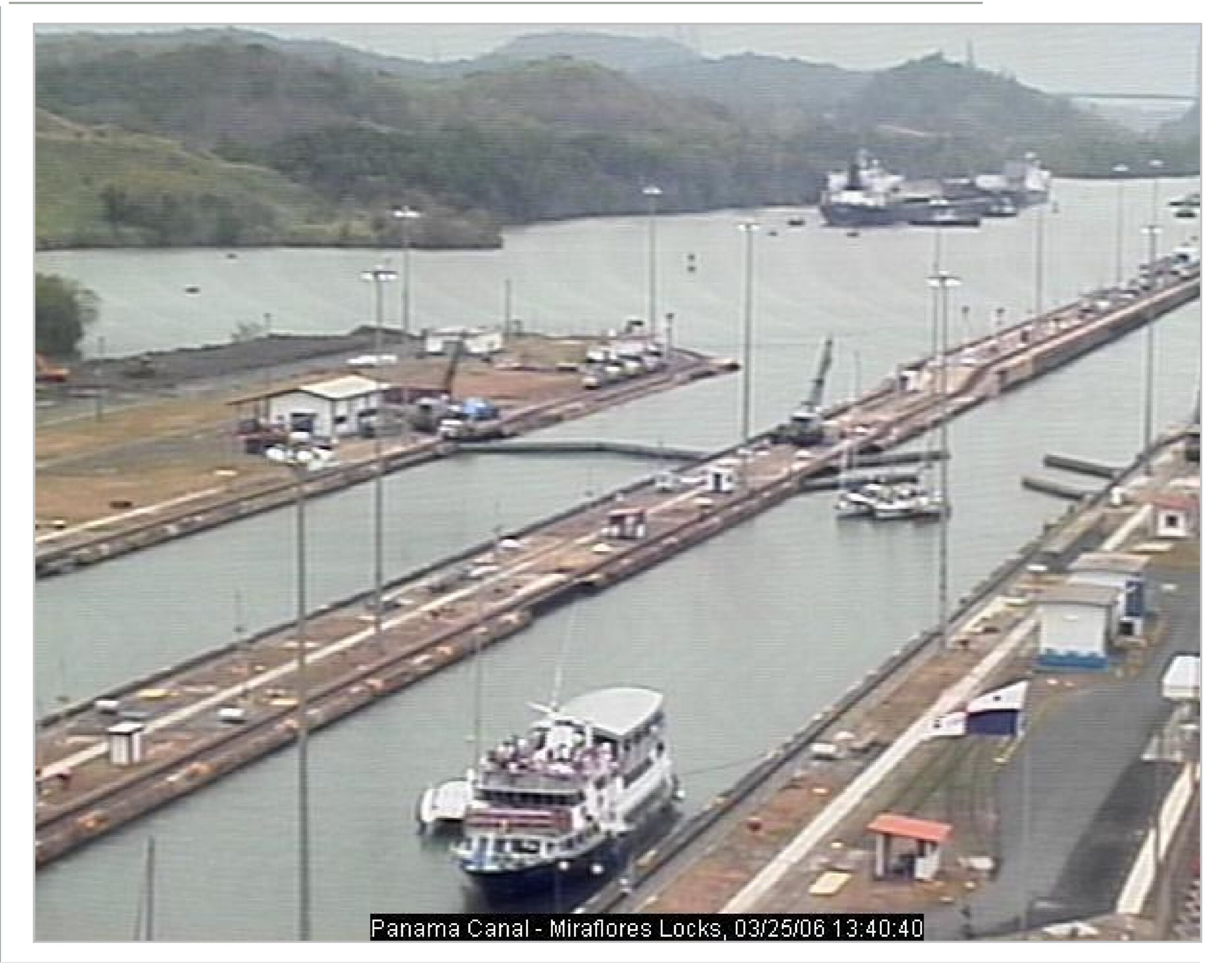 View from the web-cam at Miraflores Lock (courtesy of Randy on Dally On, That's us in the middle!
