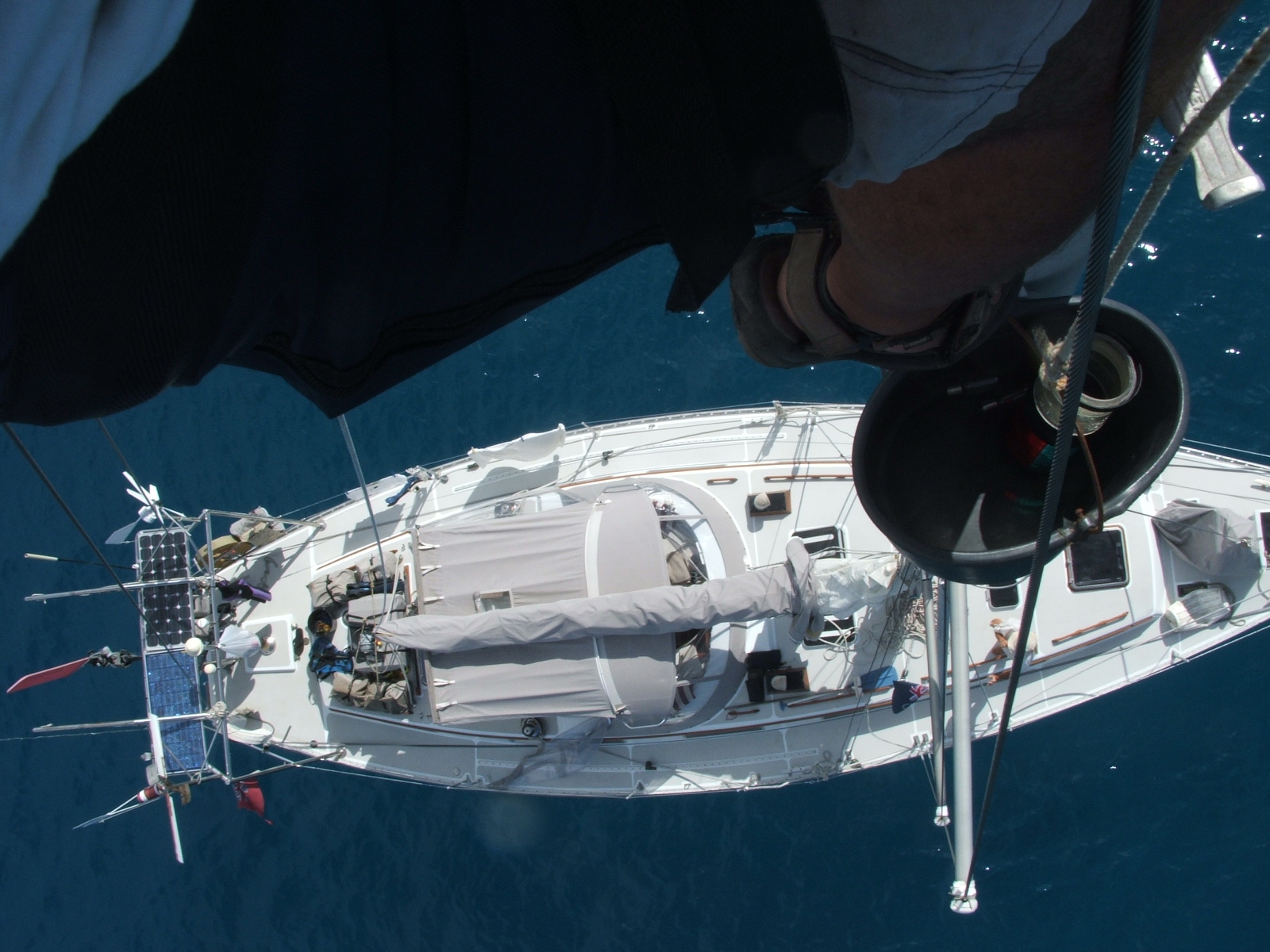 Looking down at Poco Andante from the top of our mast (Keith was repairing our masthead light).
