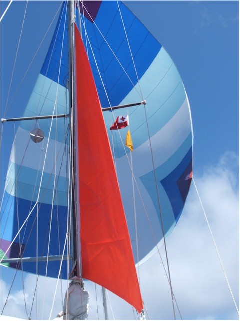 On the passage to Tonga we had a colourful sailplan - storm trysail followed by light-wind spinnaker!
