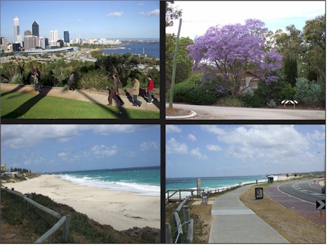 Perth City viewed from Kings Park, Jacaranda tree in bloom and Perth's great beaches.
