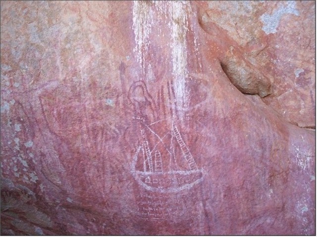 Walga Rock. This aboriginal painting records their encounter with early explorers who were shipwrecked on the coast.
