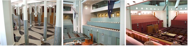 
Inside the new Parliament Building - the Foyer, the green House of Representatives chamber and the red Senate chamber.