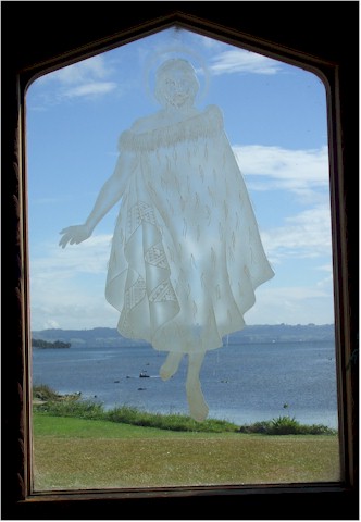 This window in the Church depicts a Maori Christ and gives the appearance of Him walking on the water of Lake Rotorua.