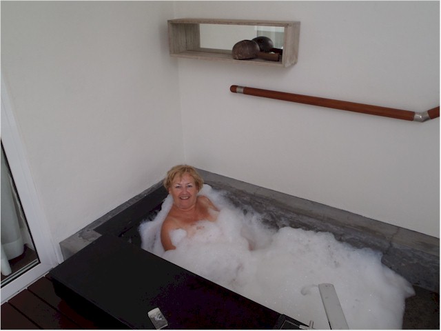 Enjoying the luxury of a spa on our private balcony!
