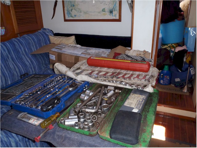 All the tools and spare parts (occupying the saloon) ready for Matt to begin the day's work...
