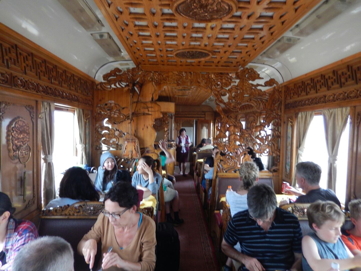 Inside the intricately carved Mongolian dining car.
