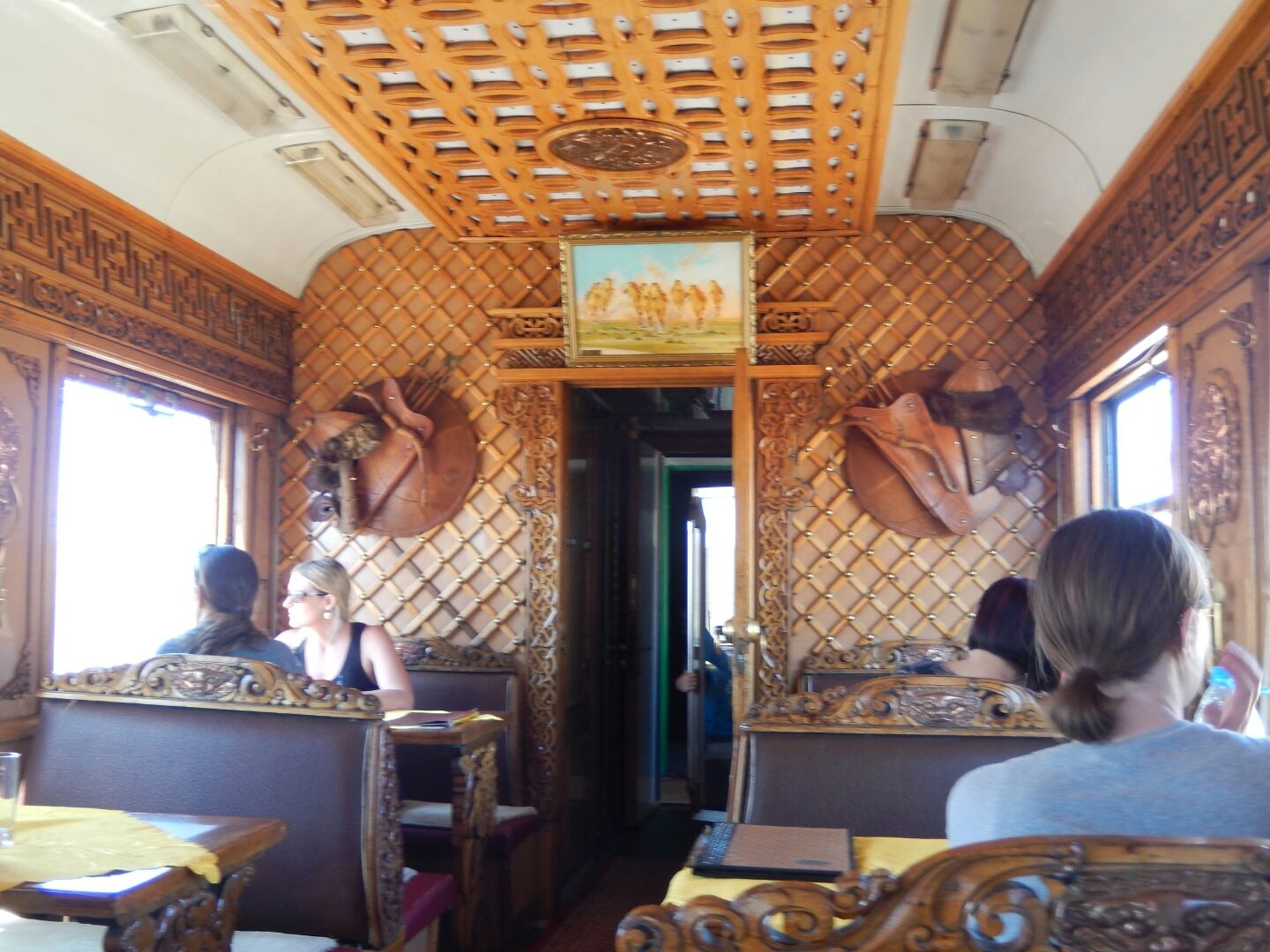 Inside the intricately carved Mongolian dining car.
