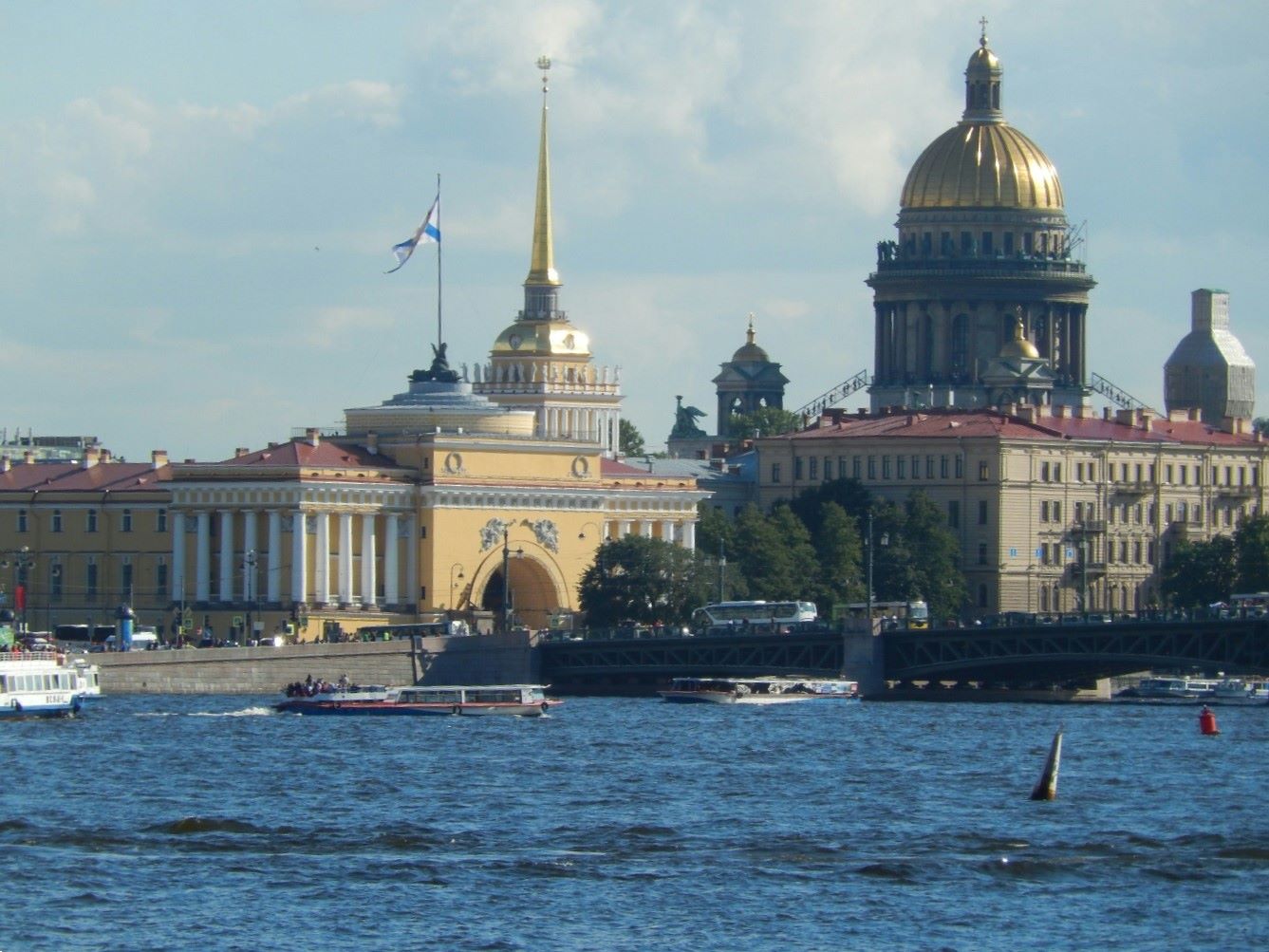 Looking back to St Petersburg across the river towards Admiralty Building and St Isaac's Cathedral.
