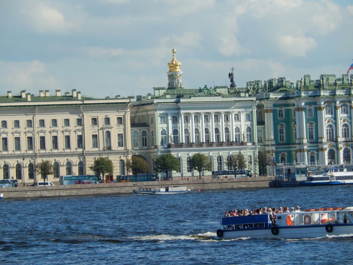 Looking back to St Petersburg across the river to some of the Palaces which make up the Hermitage.
