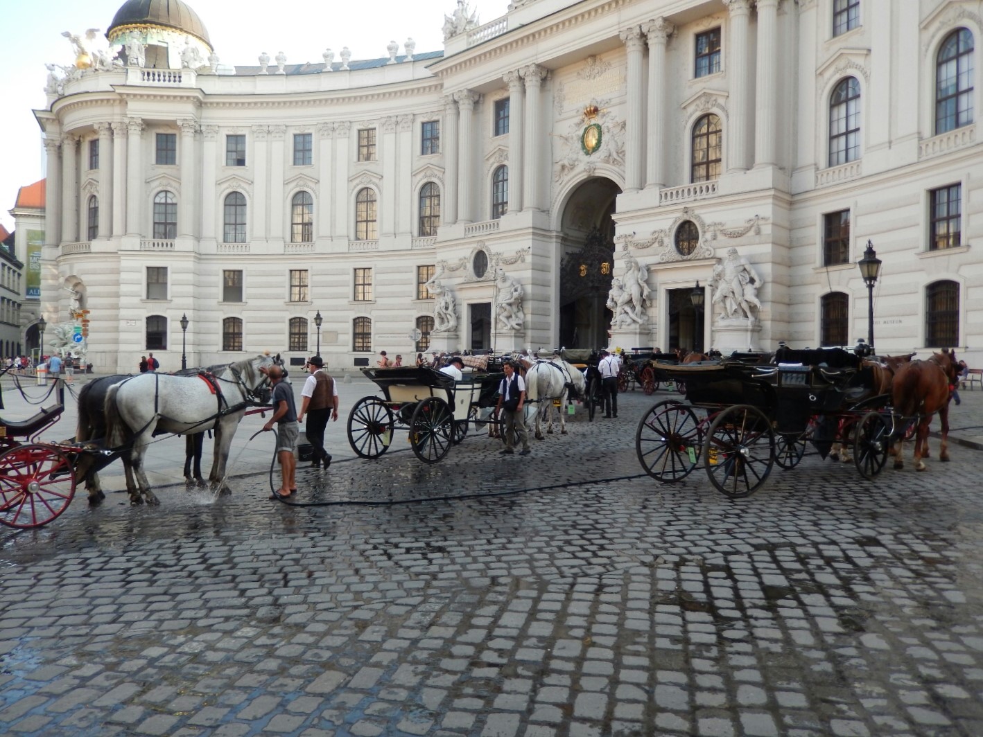 Traditional carriages in front of Hofburg Palace on the St Michael Square.
